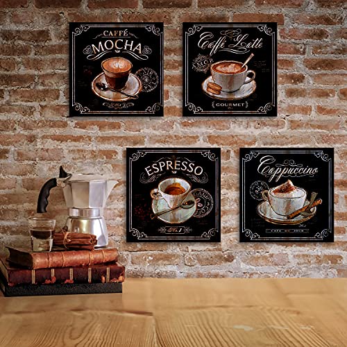 Vintage Coffee Wall Decor Kitchen Bar Wall Art Retro Coffee Picture Brown Latte Mocha Espresso Cup Cafe Signs Canvas Painting Modern Artwork for Dining Room Restaurant Office Home Decoration 16x16" 4P - color: Coffee, size: 16"l X 16"w