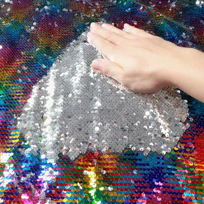 DUOBAO Rainbow to Silver Mermaid Fabric by The Yard Two Tone Sequin Glitter Fabrics Sequence Reversible Unique Quality Material Mesh Sequins for Tablecloth Table Runner Backdrop - color: Rainbow to Silver, size: 1 Yard