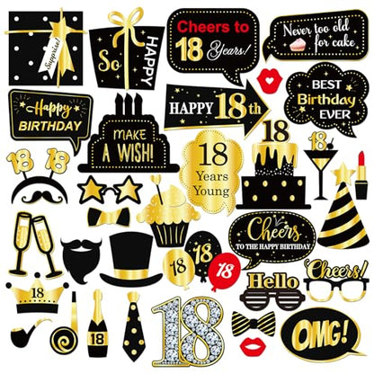 INNORU 18th Birthday Photo Booth Props, 18th Birthday Photoshoot Funny Birthday Party Photography Props Favor 18 Years Old Centerpiece Sticks Decorations Black & Gold 35 PCS - size: 18