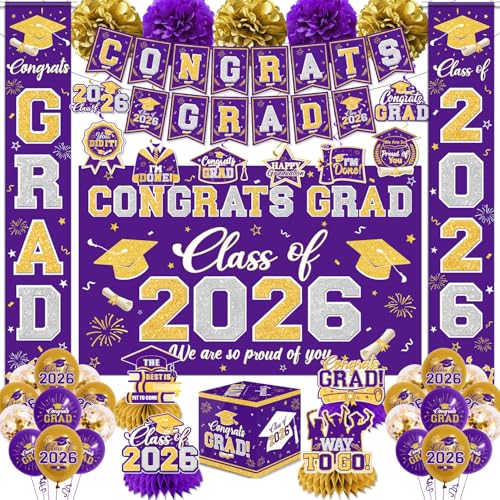 Graduation Decorations Class of 2026 Purple and Gold Graduation Decorations with Congrats Grad Banner,Backdrop,Porch Sign,Balloons,Hanging Swirls,Honeycomb Centerpieces,Box for Graduation Party Decor - color: Purple