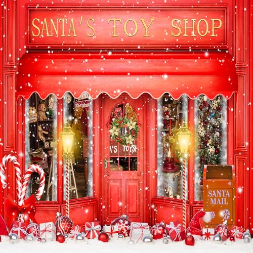 8x8FT Red Christmas Photo Backdrop Santa's Toy Shop Candy Cane in Snow World Xmas Family Holiday Party Banner Photography Background Supplies Decor Studio Prop - size: 8x8Ft