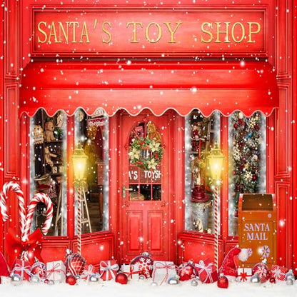 8x8FT Red Christmas Photo Backdrop Santa's Toy Shop Candy Cane in Snow World Xmas Family Holiday Party Banner Photography Background Supplies Decor Studio Prop - size: 8x8Ft