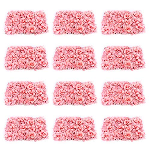 Gdrasuya10 12 Pcs Artificial Flower Wall Panels 3D Flower Background Panel for Wall, 40x60cm Wedding Flower Decorations Wall Silk Rose Panels for Party, Nail, Photo Areas, Stage Background (Pink) - color: 12pcs, Pink