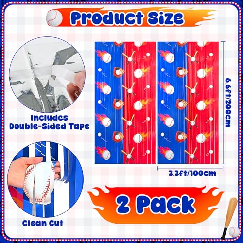 2Pack Baseball Backdrop Banner Baseball Birthday Party Decorations Supplies for Boys Kids, Sports Themed Party Decorations Blue White Red Tinsel Backdrop Foil Fringe Curtains Door Streamers