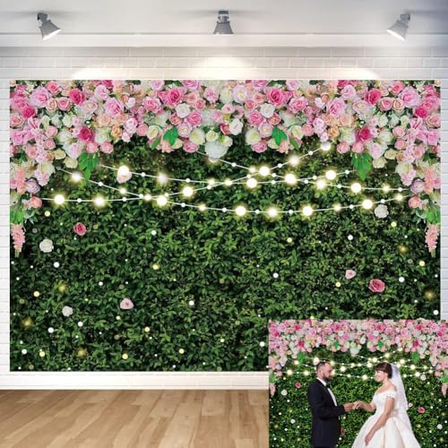 7x5FT Flower Wall Backdrop Pink Rose Green Leaves Glitter Background Girls Women Birthday Party Wedding Bridal Shower Parties Portraits Photo Studio Shoot