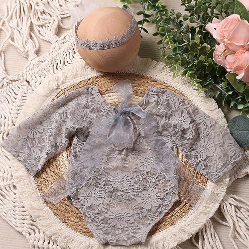 Baby Photography Props Outfit Lace Rompers Newborn Girl Photo Shoot Outfits Flower Headband Princess Costume - color: Grey C