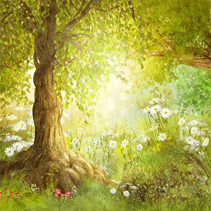 AOFOTO 4x4ft Enchanted Forest Photography Backdrop Spring Meadow Landscape with Daisies Flowers Sunlit Tree Background Nature Wildflowers Garden Scene Fairy Tale Theme Kids Baby Photo Shoot Props - size: 4x4ft