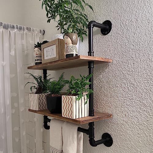ROGMARS Industrial Pipe Shelving Bathroom Pipe Shelves with Towel Bar Over Toilet, 24 inch Pine Wood Floating Shelves for Wall Mounted Bedroom,Kitchen, Farmhouse, Living Room - color: Rustic Brown, size: 24 Inch 2 Tier