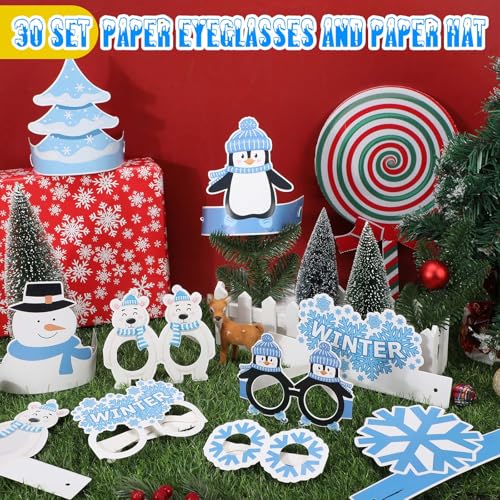 60 Pcs Winter Snowflake Party Favor Supplies Paper Eyeglasses Hat Headbands Winter Snowman Bear Penguin Party Decoration Favor Photo Booth Props for Winter Christmas Holiday Baby Shower Birthday