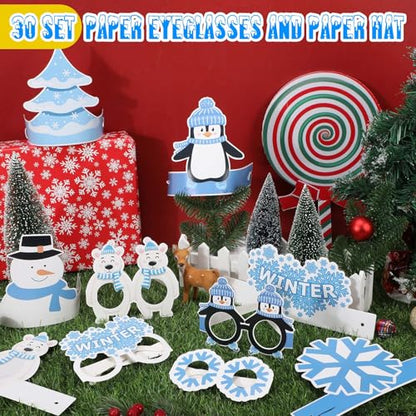 60 Pcs Winter Snowflake Party Favor Supplies Paper Eyeglasses Hat Headbands Winter Snowman Bear Penguin Party Decoration Favor Photo Booth Props for Winter Christmas Holiday Baby Shower Birthday