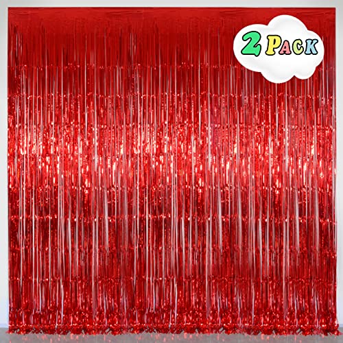 Red Tinsel Fringe Backdrop, Melsan 3.2 x 8 ft Red Metallic Foil Curtains Streamer for Birthday, Anniversary, Photo Booth for Party,2 Packs - color: Red, size: 3.2 x 8 ft