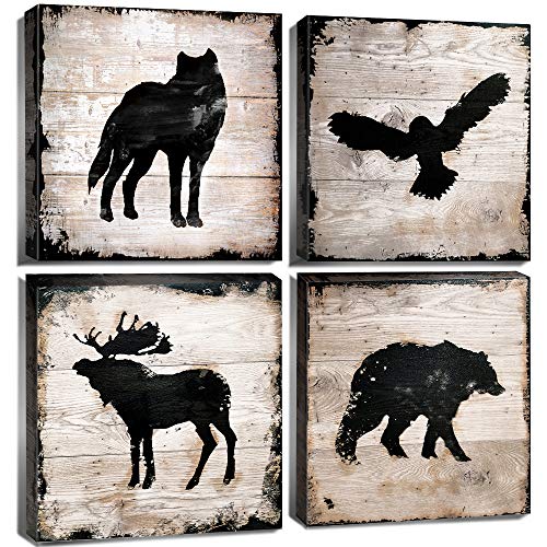 Bear Decorations for Cabin Wild Animal Silhouette Bathroom Canvas Wall Art Decor Elk Wolf Eagle Woodland Nursery Prints Painting 20 x 20 Inch Wood Texture Background Living Room Kids Pictures 4 Panels - color: Animal, size: 20"L x 20"W