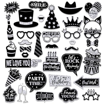 36Pcs Silver Birthday Photo Booth Props, Glitter Silver Party Decorations, Letter Print Card Material