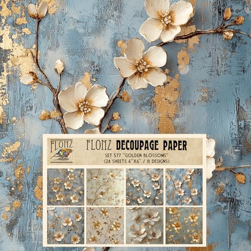 Flonz Decoupage Paper Pack (24 Sheets 6"x6") Golden Blossoms: Luxe Florals with Gilded Details for Refined and Elegant Paper Crafts - color: Fortynine