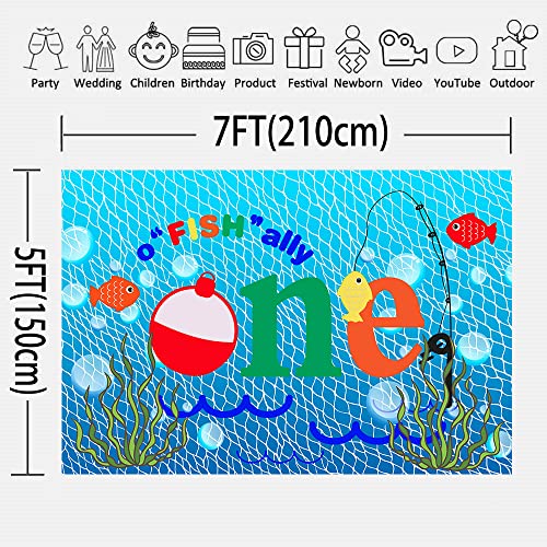 Gone Fishing 1st Birthday Party Photography Backdrop, 7X5FT, O Fish Ally Blue Fishing Nets Bubbles Background, Photo Booth Studio Props RBJYYLU80 - size: polyester microfiber fabric-7x5ft