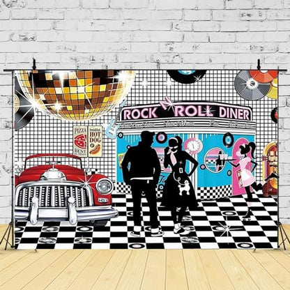 Disco Retro Style Photo Backdrop - 50's Rock Roll Prom Dance Birthday Diner Party Decor - Retro Diner Time Classic Car Party Decoration Banner, 8x6FT - size: 8X6FT