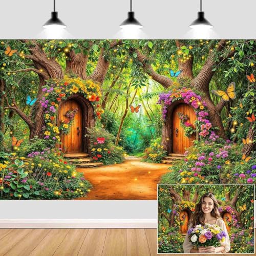 7X5ft Enchanted Forest Backdrop Fairy Tale Green Garden Wonderland Tree House Floral Butterfly Background for Kids Girl Baby Shower Birthday Party Decoration Banner Cake Table Photo Booth Props - color: Multi1, size: 7x5ft