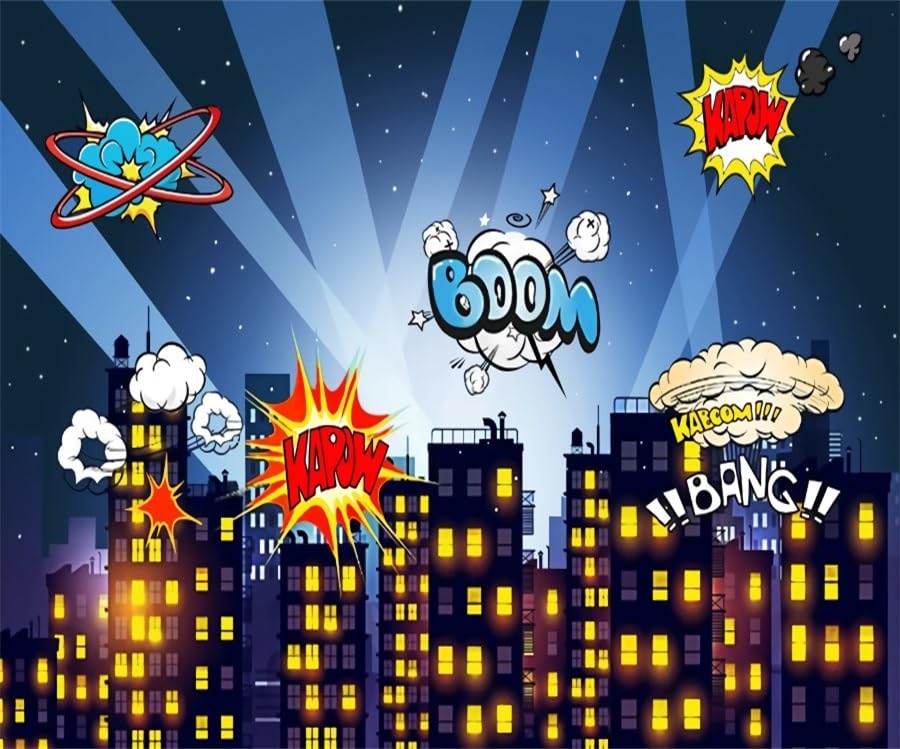 12x10ft Superhero Super City Photography Backdrops Cartoon Skyline Buildings City Boom Photo Backdrop Decorations Children Boys Birthday Party Cake Table Banner Background Studio Booth - size: 12X10FT