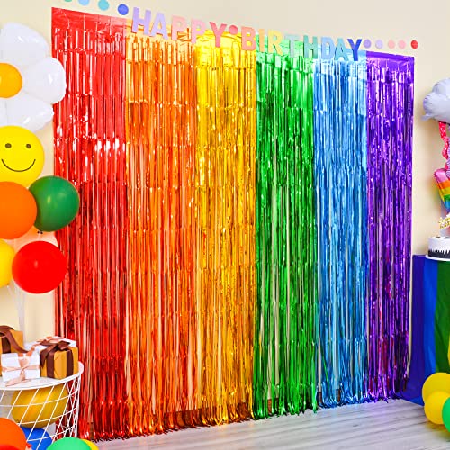 LOLStar Rainbow Party Decorations, 2 Pack 3.3x6.6ft Pride Decorations, Cartoon Birthday Decor Foil Fringe Curtains Rainbow Theme Backdrop, Streamers Photobooth Prop for Happy Kindergarten Graduation - size: 2 PACK