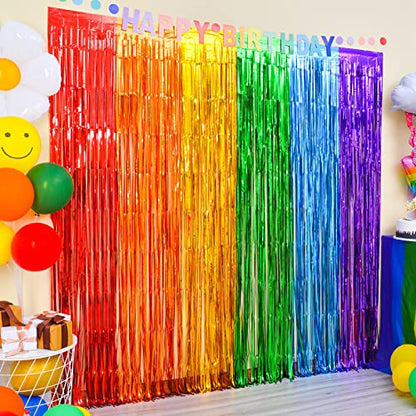 LOLStar Rainbow Party Decorations, 2 Pack 3.3x6.6ft Pride Decorations, Cartoon Birthday Decor Foil Fringe Curtains Rainbow Theme Backdrop, Streamers Photobooth Prop for Happy Kindergarten Graduation - size: 2 PACK