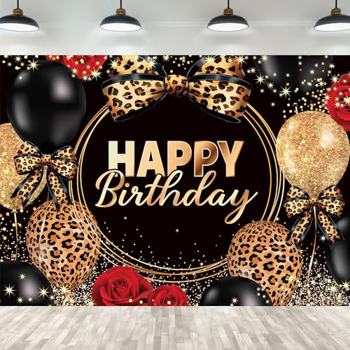 Leopard Print Bow Happy Birthday Backdrop 5Wx3H Feet Polyester Fabric Black Gold Red Rose Cheetah Print Bownot Cool Decoration Balloon for Women Girl Photography Background Photo Shoot Props - color: C-02Birthday(Leopard Bow), size: 5Wx3H