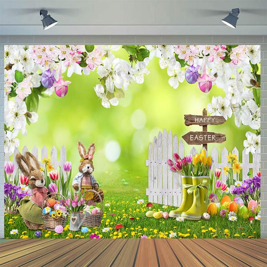 7x5FT Easter Backdrop Spring Flowers Grass Backdrop Colored Egg Rabbit Backdrop for Easter Party Decoration Baby Shower - size: 7x5ft