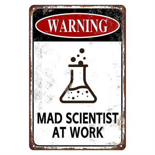 Vintage Metal Tin Sign, Mad Scientist Laboratory Warning, Funny Style, for Chemistry Classroom Home Science Enthusiast Wall Decor Prop, Durable Tin, Rust Proof, 8x12 Inch
