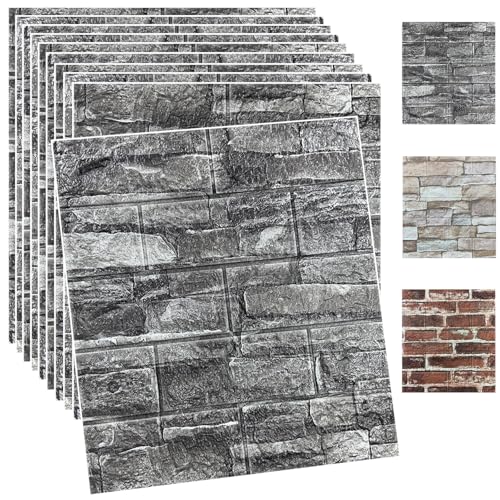 10PCS 3D Wall Panels Peel and Stick Foam 3D Brick Wallpaper Peel and Stick Black Faux Stone Wall Panel Self-Adhesive Wallpaper (10PCS, Black) - color: Black, size: 10PCS