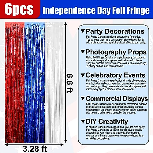 6 Pack White Blue Red Foil Fringe Curtain Backdrop, 3.28Ft x 6.6Ft Metallic Tinsel Foil Fringe Streamer Curtains for Photo Booth, Christmas Day, Thanksgiving, Wedding, New Year Party Decorations - color: White Blue Red