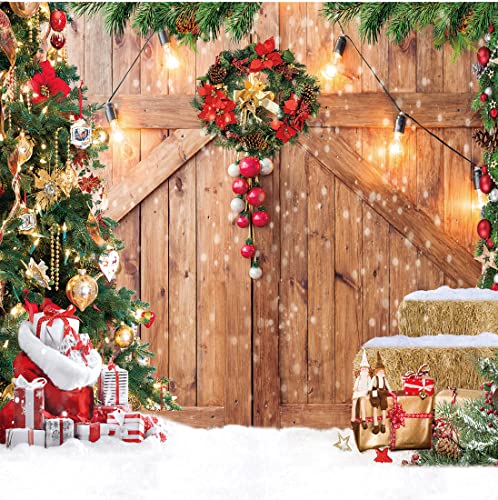 CHAIYA 10x10ft Christmas Backdrop Christmas Barn Door Photography Backdrop Xmas Tree Snow Wall Background Xmas Party Supplies Family Kids Party Banner Decorations Backdrops CY177 - size: 10′x10′