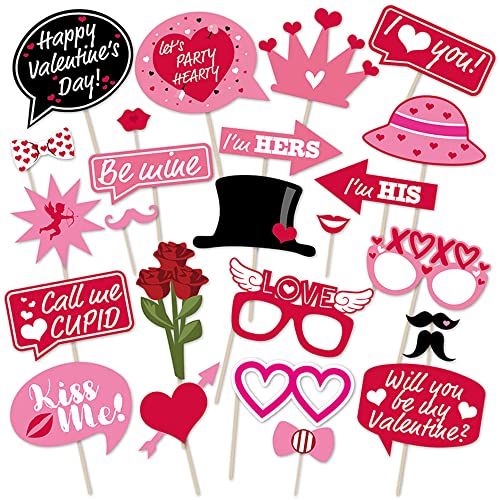 Valentine's Day Photo Booth Props Happy Lovers Selfie Photobooth Props, Valentine Creative Funny Backdrop Decorations Supplies Wedding Party Games Selfie Posing Signs DIY Craft 25 Pcs/Set