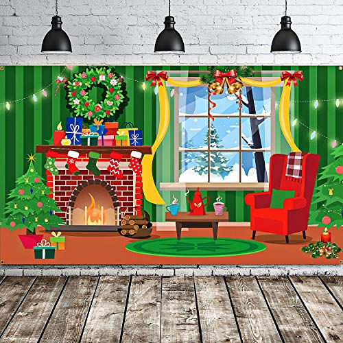 Blulu Merry Christmas Backdrop for Photography Scene Setters Banner Welcome Winter Snow Decorative Xmas Background for Wall Decoration Photo Props - color: Green Red Mantel Window