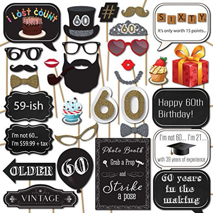 60th Birthday Photo Booth Props - 31-pc Selfie Props with 8 x 10-Inch Sign, 45 Adhesive Pads, 35 Sticks - Birthday Decorations