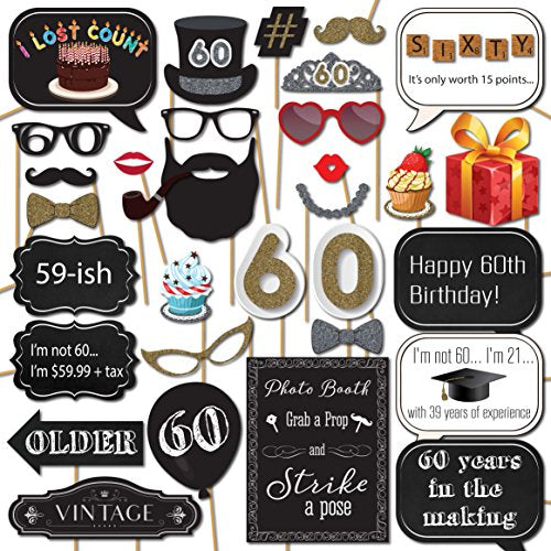 60th Birthday Photo Booth Props - 31-pc Selfie Props with 8 x 10-Inch Sign, 45 Adhesive Pads, 35 Sticks - Birthday Decorations
