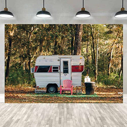 Camp Party Camping Backdrop 7x5ft Sunny Forest Camper Trailer Nature Scenery Photography Background Studio Photo Prop RBJYYLU24 - size: polyester microfiber fabric-7x5ft