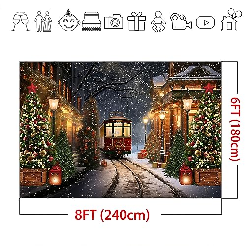 Mocsicka Christmas Train Backdrop for Photography Christmas Town Winter Train Xmas Snow Railway Christmas Tree Party Background Wonderland Snowflake Portrait Photo Studio Props (8x6ft) - size: 8x6ft