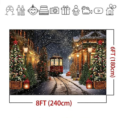Mocsicka Christmas Train Backdrop for Photography Christmas Town Winter Train Xmas Snow Railway Christmas Tree Party Background Wonderland Snowflake Portrait Photo Studio Props (8x6ft) - size: 8x6ft
