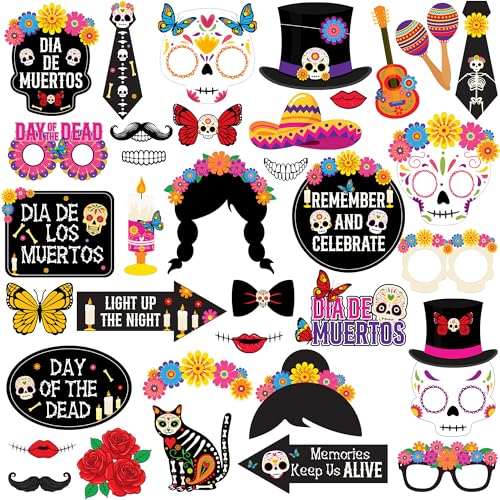 KatchOn, Halloween Props Set - Pack of 35 | Day of The Dead Photo Booth Prop for Mexican Party Decorations | Creepy Halloween Props for Photobooth, Sugar Skull Decor - color: Black and Pink