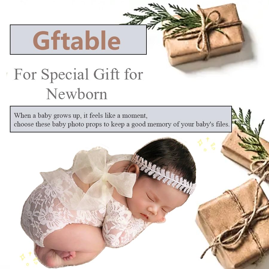 Newborn Photography Props - Lace Romper with Headband for Infant Photo Shoot - Girls Photoshoot Outfit (White) - color: White