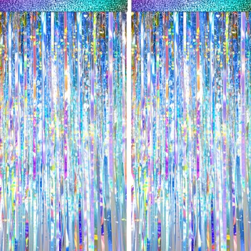 2 Packs Iridescent Foil Fringe Curtain, Neon Transparent Holographic Tinsel Backdrop for Birthday, Wedding, Baby Shower, Mermaid, Euphoria, Iridescent Party Decorations Supplies - color: Iridescent