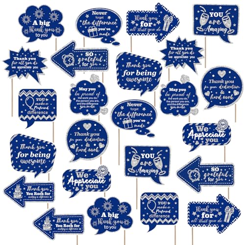 24 Pcs Teacher Staff Volunteer We Appreciate You Decorations Photo Booth Props Appreciation Decor Blue and Silver Thank You Sign Photo Props for Teacher Nurse Employee Coworker Appreciation - color: Blue, Silver