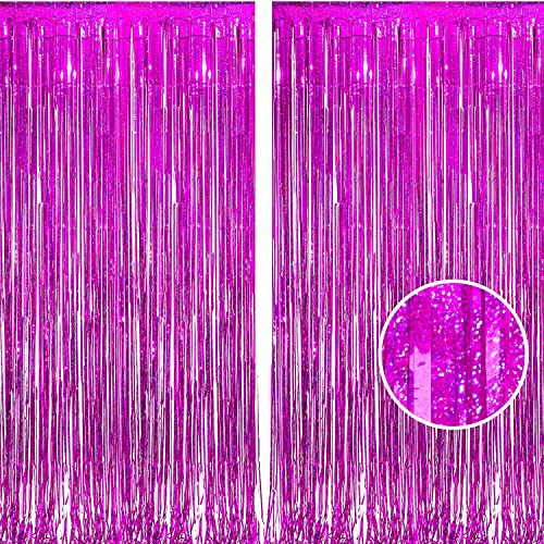 BRAVESHINE Hot Pink Tinsel Foil Fringe Curtains - 2Pcs 3.2x8.2ft Metallic Party Streamers Backdrop for Valentines Girl Birthdays Bridal Shower Bachelorette Engagement Hawaiian Luau Party Decorations - color: Hot Pink