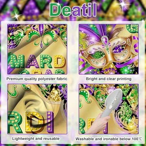 Avezano Mardi Gras Party Backdrop for Festival Carnival Masquerade Photoshoot Photography Background Retro Glitter Gold Green Purple New Orleans Mask Mardi Gras Party Decorations (10x7ft) - size: 10x7ft