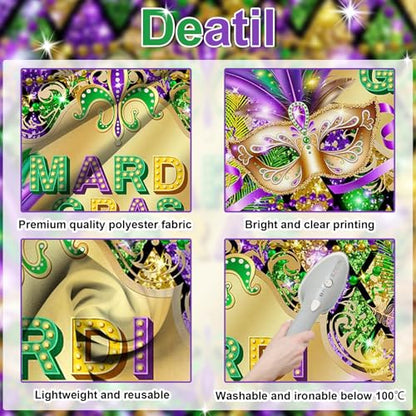 Avezano Mardi Gras Party Backdrop for Festival Carnival Masquerade Photoshoot Photography Background Retro Glitter Gold Green Purple New Orleans Mask Mardi Gras Party Decorations (10x7ft) - size: 10x7ft