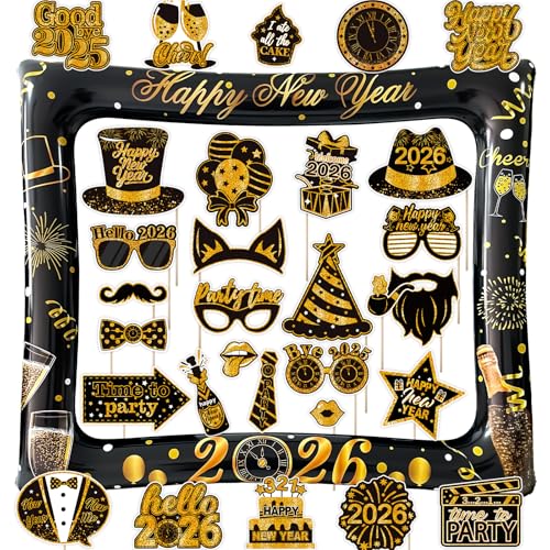 2026 New Year Photo Booth Inflatable Frame Kit, 30Pcs New Years Photo Booth Props with Inflatable Picture Frame Black Gold Decorations for New Year Eve Party Selfie Props Supplies - color: Black Gold