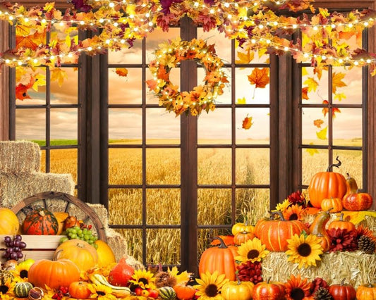 10x8ft Fall Harvest Backdrop for Photography Autumn Pumpkinl Maple Leaves Photo Backdrop Window Thanksgiving Backdrop Friendsgiving Background Decorations Photo Props - color: Fall-1