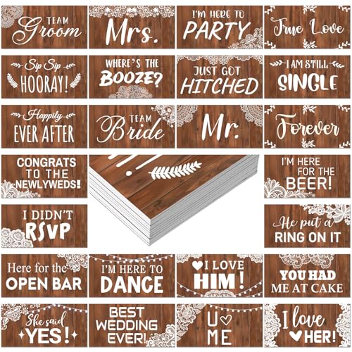 24 Designs Rustic Wedding Photo Booth Props Double Sided 11.02 x 5.51'' Photo Booth Props Wood Lace Country Bridal Shower Bachelorette Party Waterproof DIY Selfie Signs PVC for Wedding Party Reception - color: Wood, style: Lace Wedding