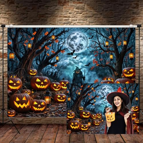 Halloween Misty Dark Forest Backdrop, Moon Night Creepy Scene Dark Pathway Pumpkin Bats Woods Photography Background, Ghost Themed Birthday Party Banner Decor Witch Photo Props 6X4FT - color: Black, size: 6X4FT