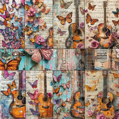 PRSTINCOL Scrapbook Paper,16 Sheets 4.1x5.8 Inch Guitar Butterfly Style Scrapbook Paper,Single-Sided Vibrant Origami Decoupage Papers for Diy Crafts, Card Making, Art Journaling - color: Guitar_Butterfly