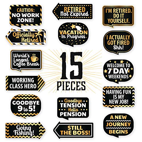 PartyGraphix Retirement Photo Booth Props - European Made Retirement Party Supplies - Easy to Assemble Selfie Props - Decorations Kit Includes 15 Pieces